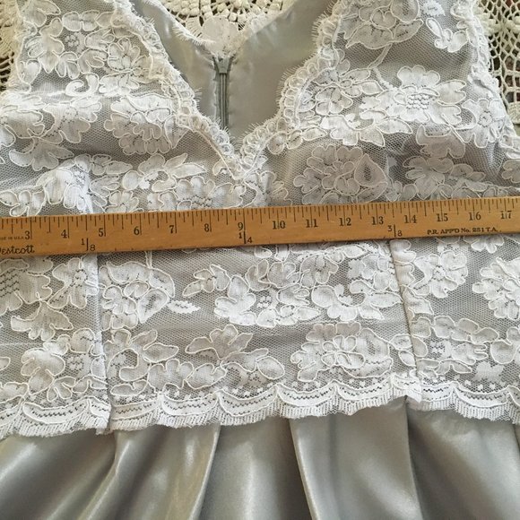 Bridal MOB Dress Silver Satin White Lace V-neck Dress Size 10 Medium - Picture 11 of 16